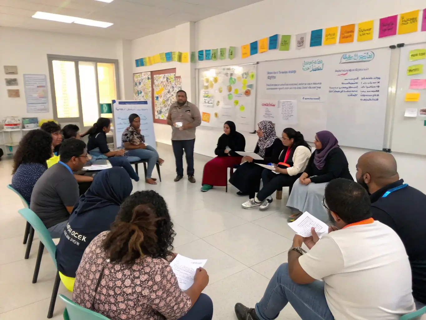 A vibrant image showing a diverse group of professionals actively participating in a Workplace Communication Training session, with a facilitator guiding the discussion and fostering engagement.