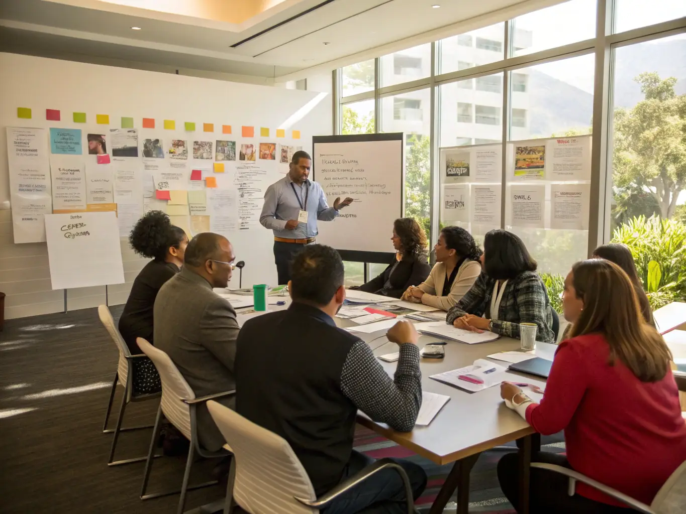 A dynamic image of a Leadership Development Program workshop, featuring participants engaged in group activities and a facilitator presenting on a whiteboard, emphasizing strategic thinking and emotional intelligence.