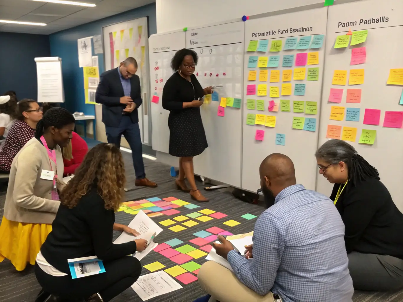 An engaging image depicting a diverse team participating in an Organizational Culture Enhancement workshop, with a facilitator actively involving the group in culture-building activities.
