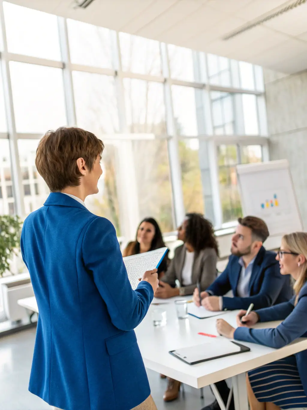 A photo of a trainer facilitating a role-playing exercise during an etiquette training session, demonstrating proper communication techniques.