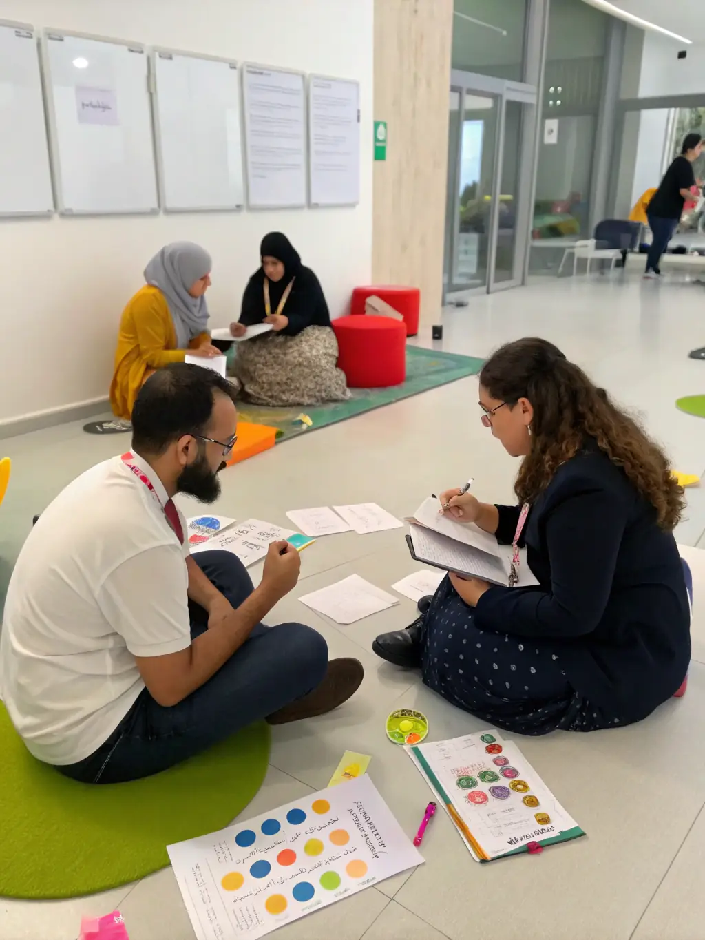 Two colleagues engaged in active listening and empathetic communication during a role-playing exercise in a communication skills workshop.