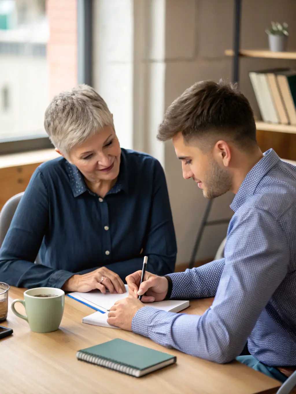 A leader mentoring a junior employee, illustrating leadership development and skill-building within an organization, aligning with The 29 Group's leadership programs.