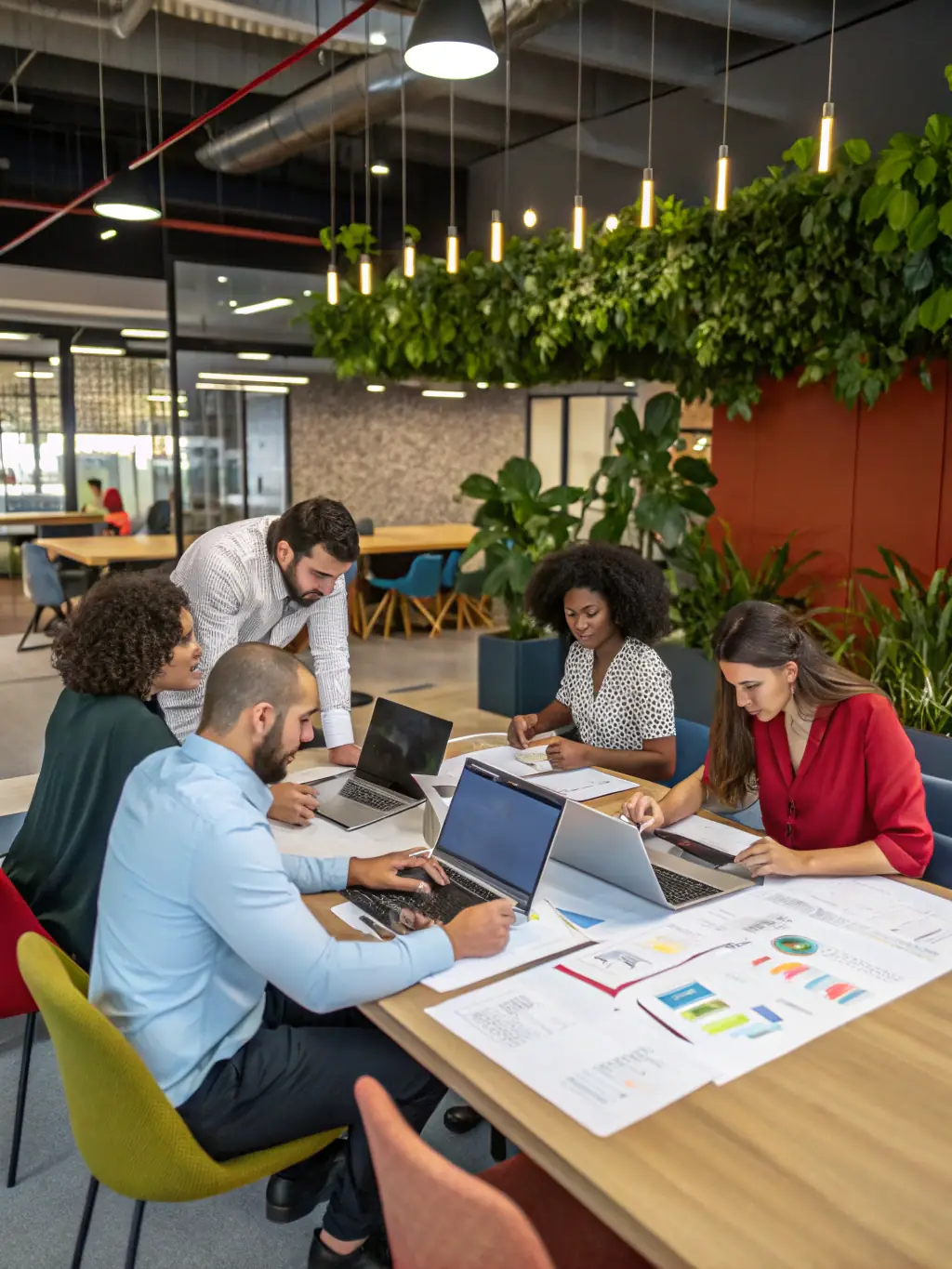 A diverse team brainstorming ideas in a modern office setting, symbolizing innovation and a positive organizational culture fostered by The 29 Group's training.