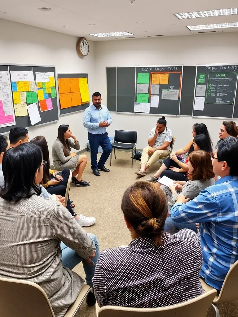 A professional headshot of a diverse group of employees participating in an interactive etiquette training session, smiling and engaged.