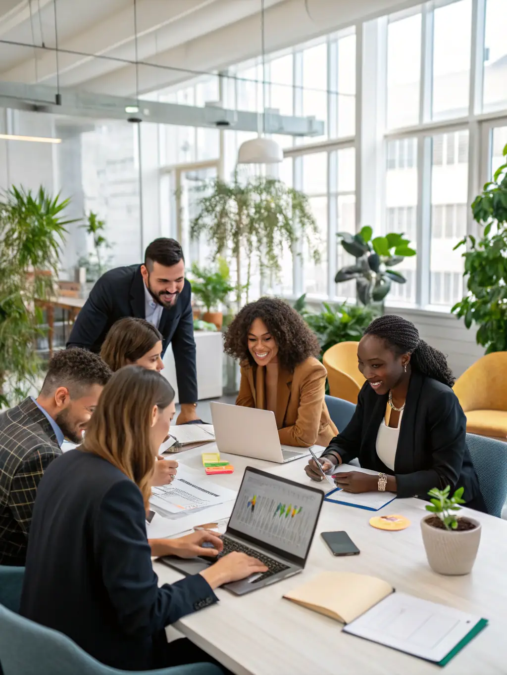 A picture of employees collaborating effectively in a meeting after completing the etiquette training, showcasing improved teamwork.